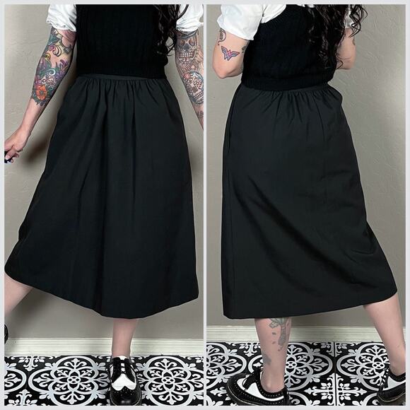Vintage 1970s Black High Waisted A-Line Midi Skirt With Pockets - Picture 4 of 7